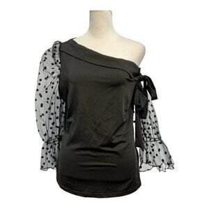 CBR One Off Shoulder Sheer Black Polkadot knit Top with tie on one side XL NWT